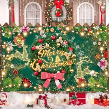 Imagem de Placa de fundo grande de tecido Merry Christmas, guirlanda de alce verde, faixa de Natal, pano de fundo, adereços de foto para festa de parede Ano Novo Decorações de inverno