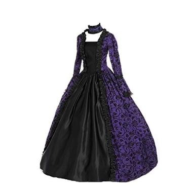 Imagem de CountryWomen Vestido feminino do século 18 com estampa de vestido de baile rococó longo estilo vitoriano gótico vestido com tema de baile de máscaras, Roxo e preto, G