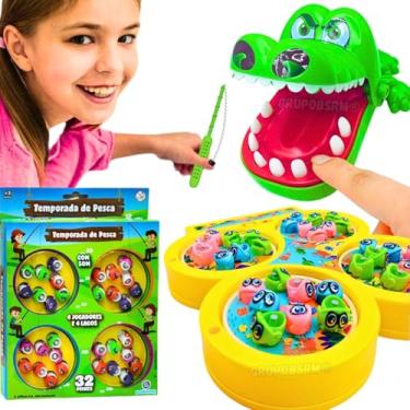 Imagem de Kit 2 Brinquedos Crocodilo Morde Dedo Criança 3 anos Jogos Infantil Pega Peixe Retro classico 4 em 1 Pescaria Infantis educativos Presente menino