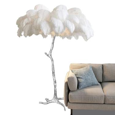 Imagem de Luminária de chão de luxo moderna, lâmpada de piso de pena de avestruz real, lâmpada de resina prateada, corpo de lâmpada decorativa de LED, lâmpadas de pé para sala de estar, escritório em casa