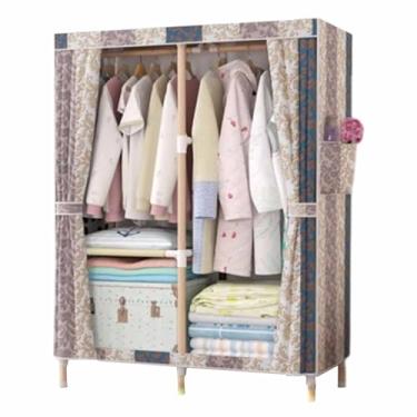 Imagem de Guarda-roupa Armário de guarda-roupa resistente dobrável grosso madeira maciça montado oxford pano único tecido dormitório aluguel pano guarda-roupa armário
