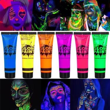 Imagem de Kit 6 Cores Tinta Neon Fluorescente Corporal E Rosto 25ml Para Maquiag