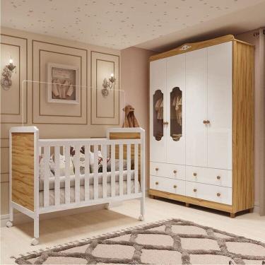 Imagem de Quarto de Bebê com Guarda-roupa e Berço 100% Mdf Maya Provençal Espresso Móveis Branco Brilho/Amêndoa