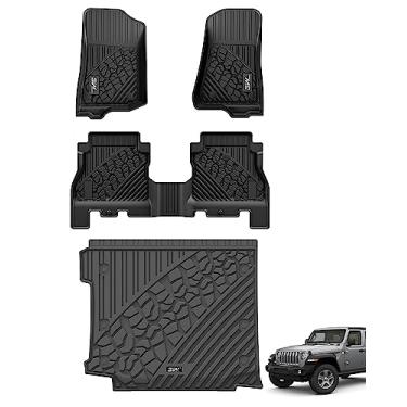 Imagem de 3W Tapetes de chão e forro de carga compatíveis com Jeep Wrangler JL 2018-2024 Unlimited 4 portas com subwoofer (não JK ou 4XE) Forro de piso TPE para todos os climas para tapetes de carro de 1ª, 2ª