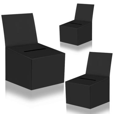 Imagem de zzhxkjhky 3 caixas de voto pretas para arrecadação de fundos, caixa de papelão de 16,5 x 11 x 11,3 cm com compartimento para bilhete e caixa de doação de cabeçalho removível para coletar cartão de