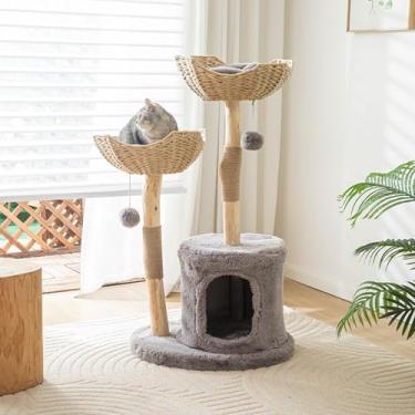 Imagem de PISARRY Torre de árvore para gatos, árvore moderna para gatos de 117 cm, grande e adulto, condomínio de luxo para gatos com poste para arranhar, móveis boho internos de galho de madeira maciça real