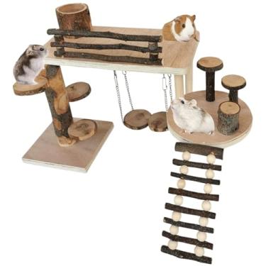 Imagem de Plataforma de playground de hamster de madeira, brinquedo de escalada de hamster, sistema de escalada de vida natural, conjunto de atividades de pequenos animais com escada, tigela de comida, rampa,