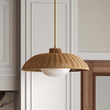 Imagem de Nathan James Belleville Boho Luz pendente de vime com difusor, luminária pendente de teto inclinado com sombra de vime e difusor de vidro