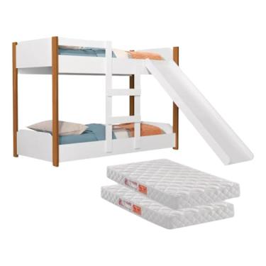 Imagem de Beliche Infantil 100% MDF Transforma-se em Minicama Acompanha Escorregador Grade de Proteção Escada e 2 Colchões de 1,50m Design Seguro e Funcional para Otimizar Espaços (Branco/Nature)