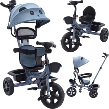 Imagem de Triciclo Carrinho de Passeio 2 em 1 Infantil Assento Giratório 360° com Capota Solar Porta Objetos Cinto de Segurança até 50kg Haste Empurrador Cestos e Rodas de EVA INMETRO (Azul)