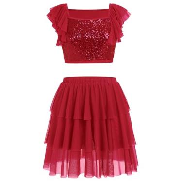 Imagem de AFAVOM Fantasia feminina de dança lírica com lantejoulas + saia lírica roupa moderna de dança contemporânea, Vermelho escuro, Large