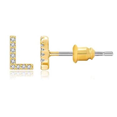Imagem de Brincos com inicial folheados a ouro 14 K zircônia cúbica brincos de letras pequenas personalizados brincos de pino CZ pequeno para mulheres e meninas Dourado