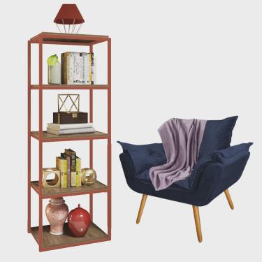 Imagem de Kit Poltrona Fatte com Manta Soft Lilás e Estante Livreiro Ferro Bronze mdf Freijó Suede Azul Marinho - Ahazzo Móveis