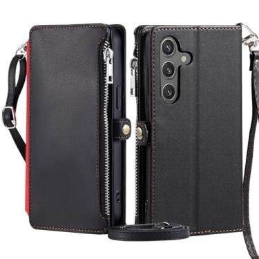 Imagem de HJZSZX Para Samsung A25 (4G 5G) Cordão Couro Zip Carteira Telefone Capa Flip Cover (Para Samsung A25 (4G 5G)/Preto)