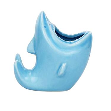 Imagem de Porta-lápis bonito para organizador de mesa, vasos de cerâmica em forma de tubarão, suculentas, para escritório em casa (cor: branco, tamanho: tamanho único) (azul tamanho único) super conveniente