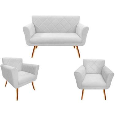 Imagem de Kit Namoradeira + 2 Poltronas Decorativa Sabrina Couro Branco Pés Made