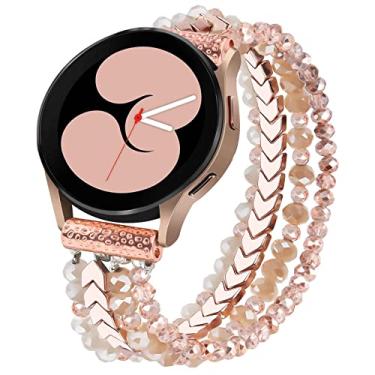 Imagem de MOFREE Pulseira de contas compatível com Samsung Galaxy Watch7/6/5/4 de 40/44 mm/Active 2, Watch 4 Classic de 42 mm e 46 mm, Watch 5 Pro de 45 mm feminina, pulseira de contas elásticas de 20 mm feita