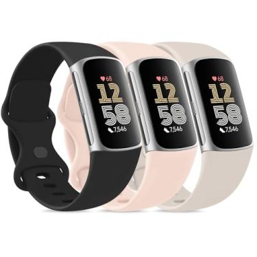Imagem de Amzpas Pulseiras para Fitbit Charge 6, Fitbit Charge 5, mulheres e homens, pacote com 3, pulseira esportiva ajustável de silicone macio à prova d'água