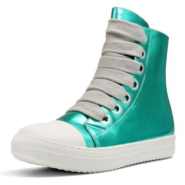 Imagem de IMPREMEY Tênis feminino de cano alto de couro sintético com cadarço e sola grossa e zíper, tênis de caminhada moderno, Verde metálico, 36