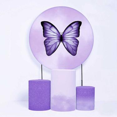 Imagem de Kit Painel de Festa Redondo de 1,50m e Trio de Cilindros Borboletas - Fera Print