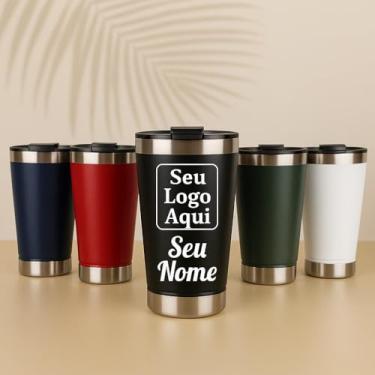 Imagem de Kit com 10 Copos Térmicos personalizados com tampa e abridor. Envie nome ou logo após a compra. Caso não envie, serão enviados sem personalização para evitar atrasos.
