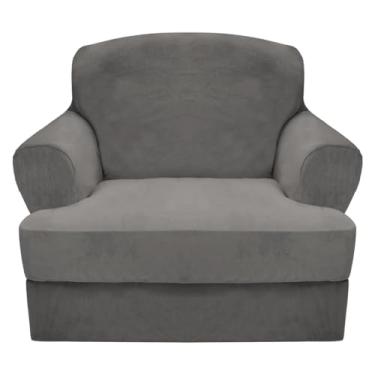 Imagem de CUCRAF T Capa de sofá de 2 peças, capa de sofá de veludo grosso macio para sala de estar, protetor de móveis lavável de alta elasticidade com 1 capa de almofada para cadeira (cadeira, cinza)