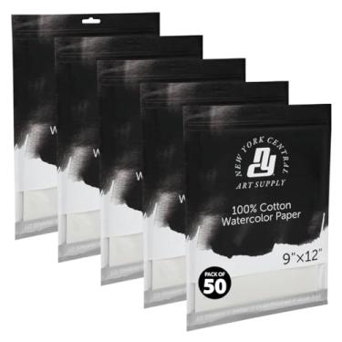 Imagem de New York Central Folhas de papel aquarela, 22 x 30 cm, prensa a frio de 63,5 kg, pacote com 50 - grau profissional, livre de ácido, arquivo - para mídia úmida e seca