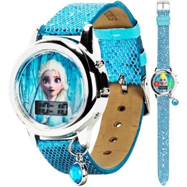 Imagem de Relógio infantil digital Disney Frozen II Elsa com visor LED piscando, pulseira azul brilhante e conjunto de pulseira combinando – ideal para meninas – serve em pulsos de 14 a 20 cm