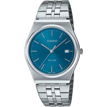 Imagem de Casio MTP-B145D-2A2V Relógio analógico masculino vintage de aço inoxidável com mostrador azul com 3 ponteiros, Prata, Casual