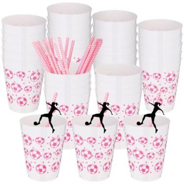 Imagem de Rtteri 24 conjuntos de copos rosa para decoração de festa rosa com canudo 473 ml copo de plástico reutilizável bola lembrancinhas de festa garrafa de água temática esportiva a granel para artigos de