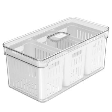 Imagem de Caixa Organizadora para Geladeira Com 3 Cestos Internos Escorredor Dreno Divisória Conservação Para Frutas Legumes - Tampa Com Respiro Clear Fresh 5L Ou