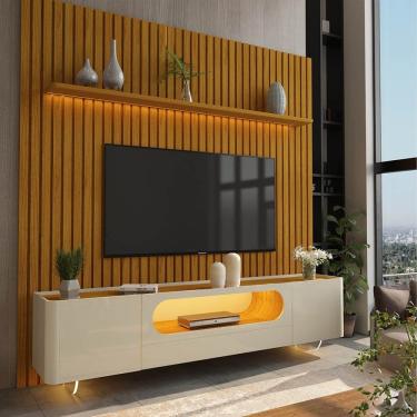 Imagem de Rack Com Painel Ripado Tv Até 85 Polegadas 1 Gaveta 2 Portas Led 230cm Nobre Naturale/off White