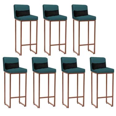 Imagem de Kit 07 Banqueta Alta Com Encosto Ferro Bronze Suede Azul Turquesa E Almofada Preto - Amey Decor