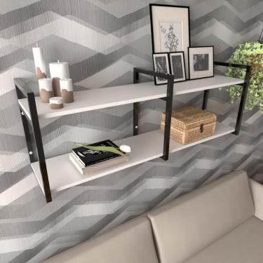 Imagem de Prateleira Industrial Sala Estar Estante Nicho Parede Mdf Suspensa Pratileira Ferro Branco Off White