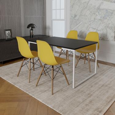 Imagem de Mesa Industrial Base Ferro Branco 137X90 Tampo Preto 4 Cadeiras Eiffel Madeira Assento Amarelo