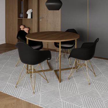 Imagem de Mesa Jantar Industrial Amêndoa 110Cm Redonda Base V C/4 Poltronas Daw Pretas Base Dou Cor: Amendoa