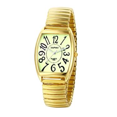 Imagem de JewelryWe Relógio masculino de quartzo com mostrador grande, pulseira elástica dourada/prata, para o Natal, Quadrado luminoso dourado