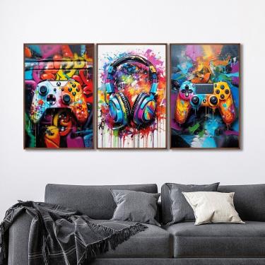 Imagem de Quadro Decorativo Vídeo Game Modelo Gamer Com 3 Telas De Parede Para Sala Quarto Escritório 60cm X 9 Tabaco