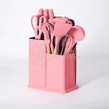 Imagem de Kit Completo De Cozinha 19 Utensílios Com Cabo De Madeira E Silicone Tábua De Corte Inclusa - Rosa