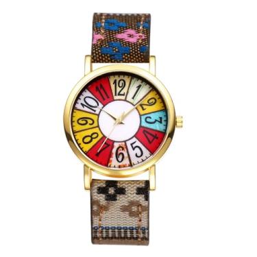 Imagem de JewelryWe Relógio feminino de couro boêmio: mostrador analógico grande de quartzo colorido feminino com pulseira de tecido de couro legítimo, fácil leitura, relógio de pulso casual, Marrom, ouro