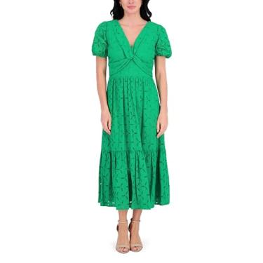 Imagem de kensie Vestido longo feminino com manga bufante e gola V, Verde tropical, 46