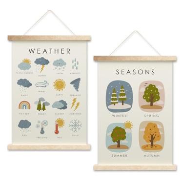 Imagem de Bandeira pendurada em pôster meteorológico, arte de parede em tela de quatro estações para sala de jogos pré-escola em casa, cabide de pôster de aprendizado de berçário, conjunto de 2 pôsteres