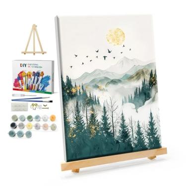 Imagem de YOYA Kit de pintura emoldurada por números para adultos - kits de pintura por números para adultos montanha em tela com cavalete, pintura de lua de montanha DIY por número tela emoldurada para