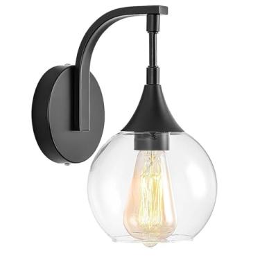 Imagem de FIYUEOYI Apliques De Parede Para Banheiro De 1 Luz, Apliques Pretos Foscos Com Cúpula De Vidro Transparente, Luminárias Modernas Para Penteadeira, Luminária De Parede Interna Para Espelho, Quarto