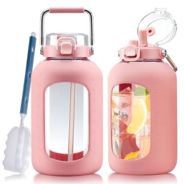 Imagem de WINSA Garrafas de água grandes de vidro com alça de aço inoxidável, garrafa de água de 2,8 litros com tampa de canudo 2 em 1, jarro de água de vidro de 3 litros com manga de silicone, boca larga, rosa