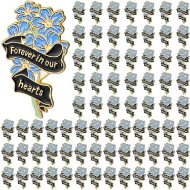 Imagem de Misdary Broche de memorial de funeral broches de flores azuis a granel Forever in Our Hearts Broche de lapela favores de funeral para o dia da lembrança do luto, Azul, 1.38 x 1.1 inches