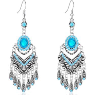 Imagem de Ricarmo Brincos femininos boêmios, vintage, vazado, lustre vazado, pingente, gota, cristal, esmaltado, franja, gancho, para mulheres, 2.44inch, Metal, Sem pedra preciosa