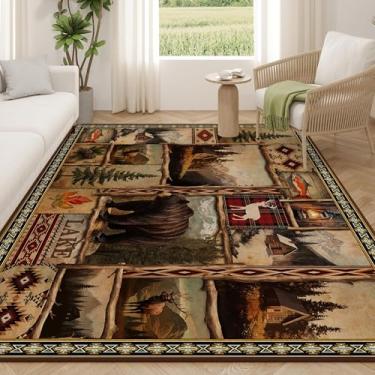 Imagem de Tapetes vintage de alce urso, para sala de estar, 1,8 m x 18 cm, antiderrapante, lavável à máquina, casa de fazenda, rústico, tapete para quarto, interior, sala de estar, decoração rústica