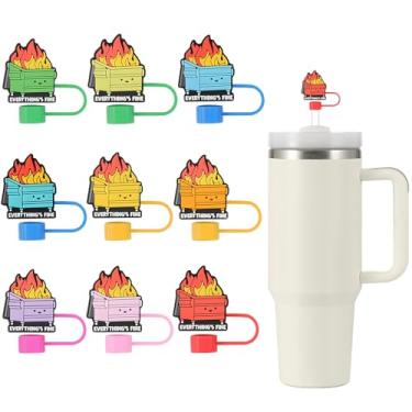 Imagem de 9 peças de tampa de palha para Stanley Cup, 10 mm Dumpster Fire silicone reutilizável topo de palha compatível com Stanley copo de 30 e 1,134 g com alça, acessórios fofos Stanley Cup