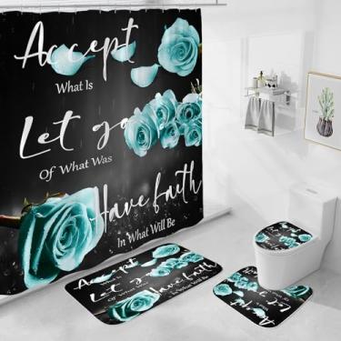 Imagem de Conjunto de 4 peças de cortina de chuveiro rosa azul com tapete antiderrapante, tampa de vaso sanitário e tapete de banho, Thankful Blessed preto azul-petróleo retrô elegante conjunto de banheiro dia